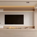 Modern Minimalist Living Room Interior With TV Wall Fireplace Wooden Decor Shelves And Warm Lighting