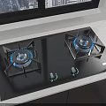 Modern Gas Stove with Black Panel Two Burners and Blue Flames on White Countertop