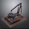 Weapon components being lifted by mechanical arm onto wooden pallet with dark background