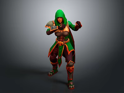 Woman In Green Hooded Cloak And Red Green Outfit With Armor Elements In Combat Stance 3d model