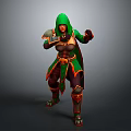 Woman In Green Hooded Cloak And Red Green Outfit With Armor Elements In Combat Stance