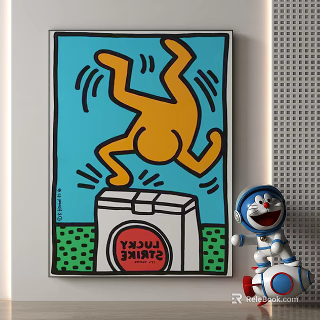 Yellow Cartoon Figure In Jumping Pose With Lucky Strike Box And Blue White Robot 3d model 