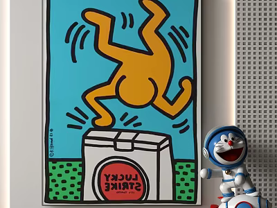 Yellow Cartoon Figure In Jumping Pose With Lucky Strike Box And Blue White Robot 3d model