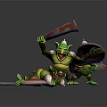 Green Creatures Wearing White Pointed Hats Wielding Large Blades And Shields In Battle Pose