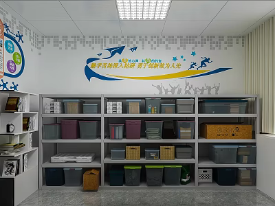 School Storage Area With Colorful Boxes Shelves And Inspirational Wall Decorations 3d model