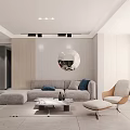 Modern Dining and Living Room Interior with Gray Walls Round Backlit Mirror and White Cabinets
