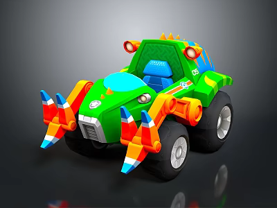 Colorful Green Orange Blue Toy Car With Big Wheels And Dinosaur Horns 3d model