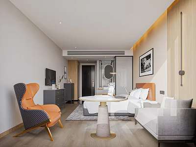 Modern Hotel Room Interior With Orange Accent Chair Gray Sofa Bed And Decorative Painting 3d model