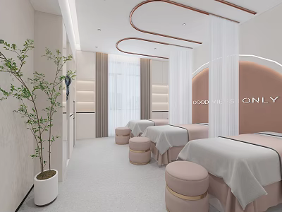 Elegant Beauty Hair Salon Interior Design with Treatment Beds Stools Green Plants White Pink Tones 3d model