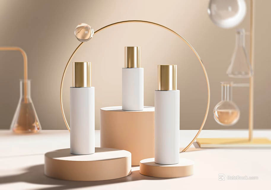 Perfume Cosmetics Display Featuring White Bottles Gold Caps on Beige Pedestals with Gold Circular Ring 3d model 