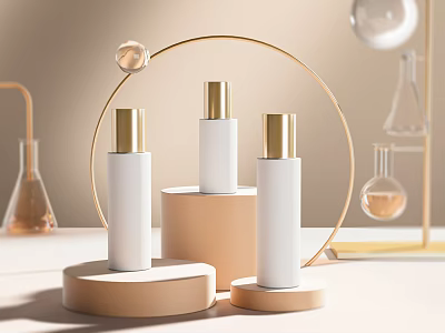 Perfume Cosmetics Display Featuring White Bottles Gold Caps on Beige Pedestals with Gold Circular Ring 3d model