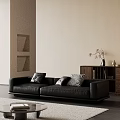 Minimalist Living Room With Black Leather Multi Seater Sofa Decorative Pillows Wooden Bookshelf Beige Wall