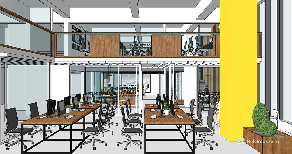 Modern Open Public Office Space With Two Story Workstations Computers And Potted Plants 3d model