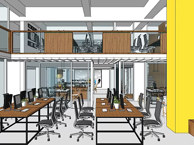 Modern Open Public Office Space With Two Story Workstations Computers And Potted Plants 3d model