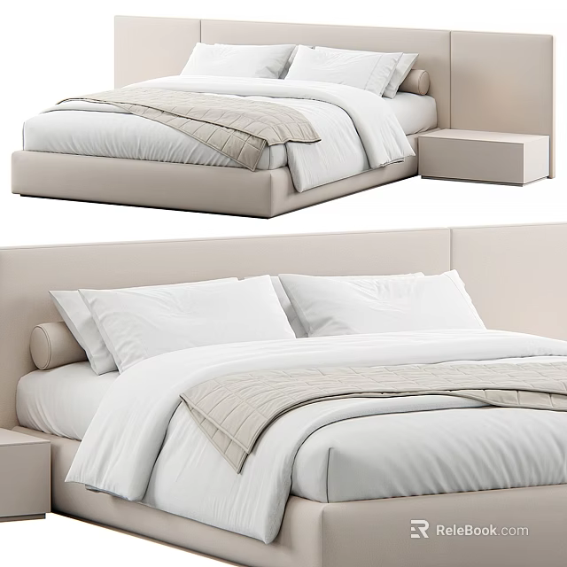 Modern Double Bed With Beige Frame White Bedding And Side Nightstand 3d model 