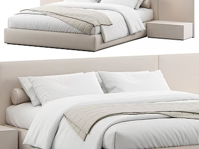 Modern Double Bed With Beige Frame White Bedding And Side Nightstand 3d model