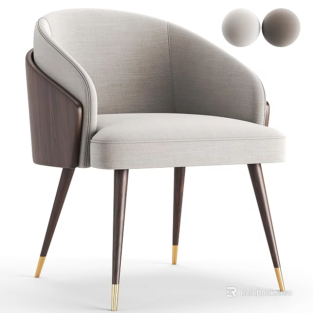 Light Gray Upholstered Accent Chair With Dark Wood Armrests And Gold Leg Accents 3d model 