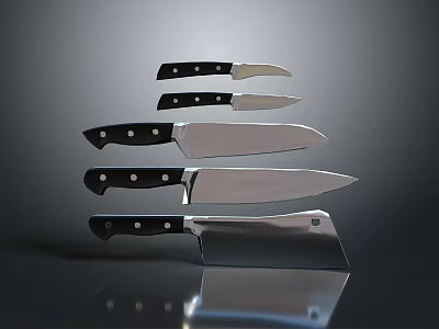 Weapon Kitchen Knives Set with Black Handles and Silver Blades Arranged for 3d model