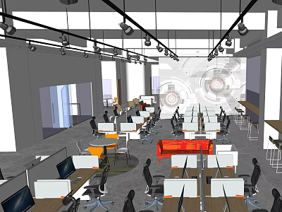 Public Office Space With Open Layout Desks Computers Hanging Lights And Partitions 3d model