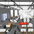 Public Office Space With Open Layout Desks Computers Hanging Lights And Partitions