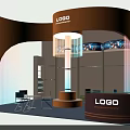 Modern Exhibition Reception Desk With Orange Brown Design Curved Booth LOGO Display Shelves