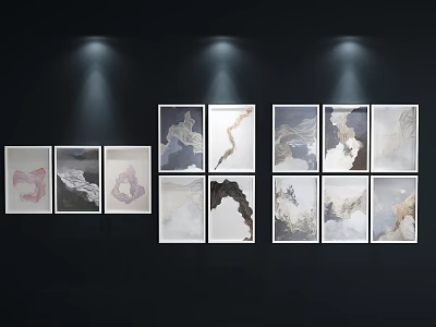 Abstract Paintings Exhibition Gallery Wall With Various Patterns And Spotlight Lighting 3d model