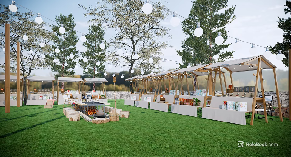 Outdoor Market Setup On Green Lawn With Canopies Booths String Lights And Fire Pit 3d model 