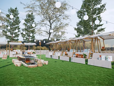 Outdoor Market Setup On Green Lawn With Canopies Booths String Lights And Fire Pit 3d model