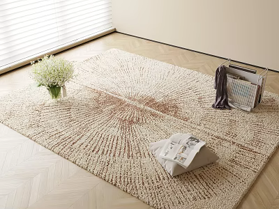 Square Rug With Radiant Textured Design On Wooden Floor With Vase Magazines And Cloth 3d model