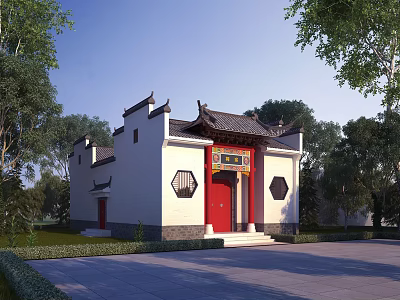 Ancient Chinese Traditional Building With Red Door Traditional Roof Overhanging Eaves White Walls And Lawn 3d model