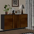 Modern Walnut Dresser with Green Plant Table Lamp and Wall Art