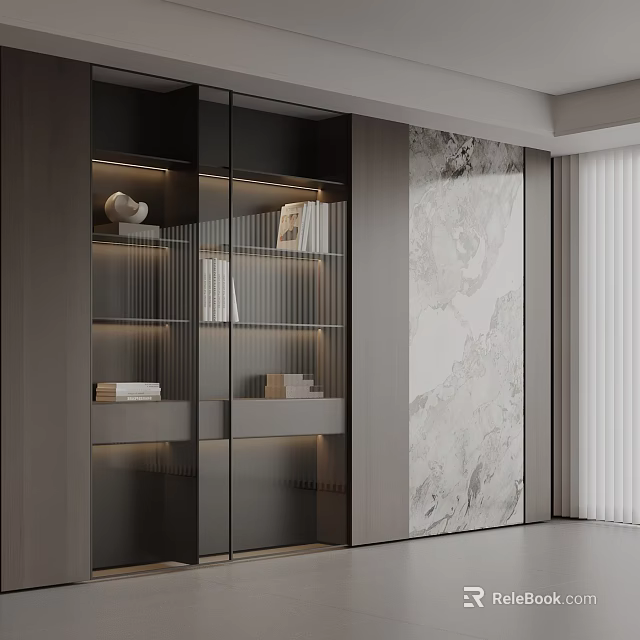 Modern Study Room With Glass Door Bookshelf Books Decorative Items And Marble Accent Wall 3d model 