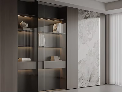 Modern Study Room With Glass Door Bookshelf Books Decorative Items And Marble Accent Wall 3d model