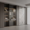 Modern Study Room With Glass Door Bookshelf Books Decorative Items And Marble Accent Wall