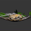 Delicate Food On Shell Shaped Plate With Purple Garnish Green Leaves White Thin Strips