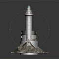 Detailed White Lighthouse Tower Featuring Turquoise Dome On Rocky Coastal Base With Architectural Windows