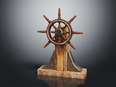 Vintage Nautical Decorative Ornament Set With Ship Wheel And Wooden Base 3d model