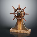 Vintage Nautical Decorative Ornament Set With Ship Wheel And Wooden Base