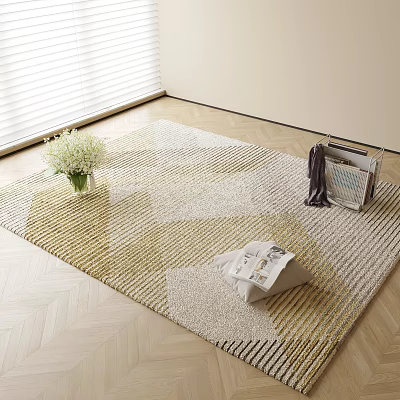 Square Rug with Geometric Pattern on Light Wooden Floor Featuring White Flowers and Magazine Basket 3d model