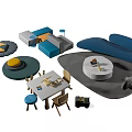 Modern Blue Sofa Coffee Table Set With Round Table Decorative Pillows And Area Rug 3d model