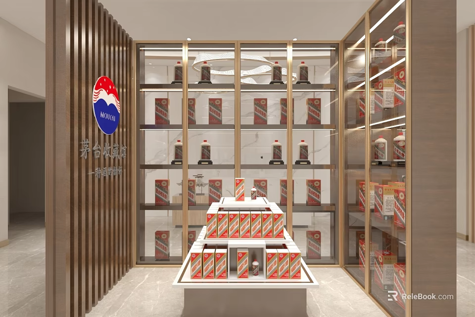 Moutai Specialty Store Featuring Glass Display Cabinets Central Counter and Bottled Boxed Products 3d model 