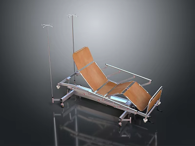 Adjustable Hospital Bed With Metal Frame Wooden Panels IV Stands And Wheels 3d model