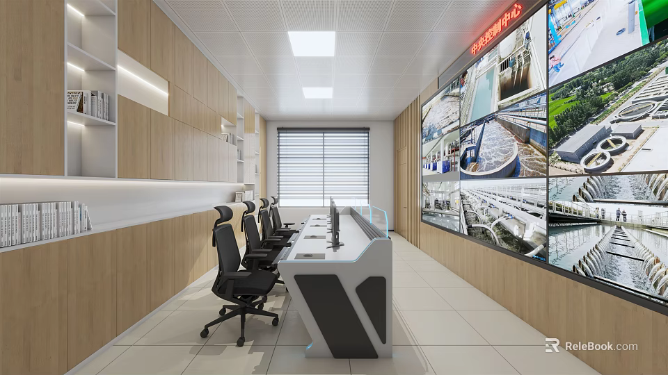 Modern Professional Monitoring Room Interior With Multiple Display Screens And Workstations 3d model 
