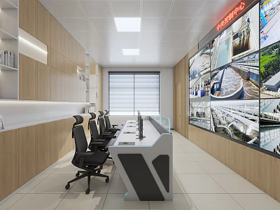 Modern Professional Monitoring Room Interior With Multiple Display Screens And Workstations 3d model