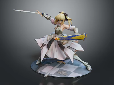 Game Movie Character Female Blonde Hair In White Pink Dress Holding Sword Checkered Base Statue 3d model