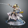Game Movie Character Female Blonde Hair In White Pink Dress Holding Sword Checkered Base Statue