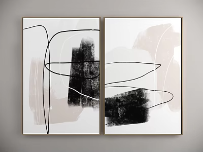 Modern Abstract Wall Art with Two Panel Lines and Black White Beige Tones 3d model