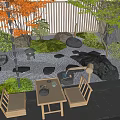 Karesansui Japanese Zen Garden With Stones Gravel Moss Green Plants And Wooden Furniture