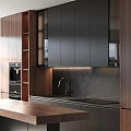 Modern Kitchen Interior Design With Black Cabinets Marble Backsplash And Wooden Island Counter