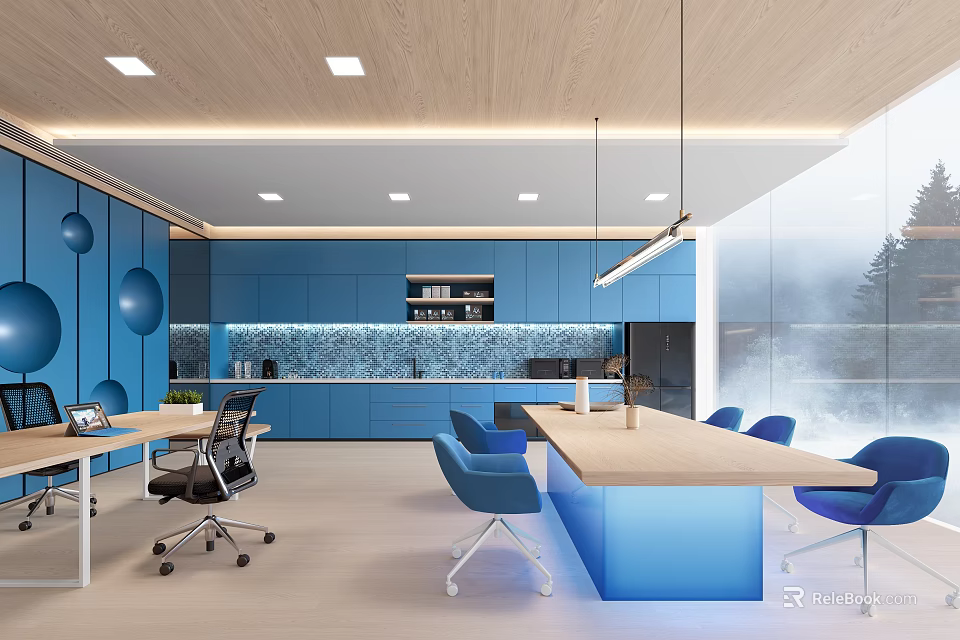 Stylish Modern Break Room Design With Blue Cabinets Wooden Table Chairs And Bright Lighting 3d model 